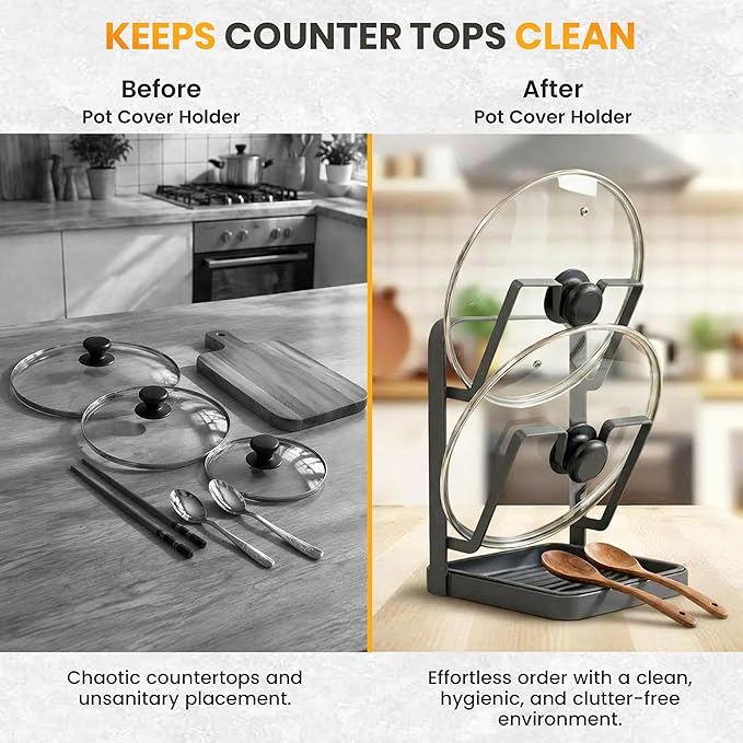 Pot Lid Holder with Removable Drip Tray, Multifunctional Double Layer Pot Lid Organizer for Countertop, Kitchen Pot Lid Storage Rack for Covers, Cutting Boards, Utensils (Grey) - Image 3