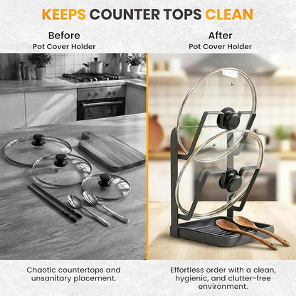 Pot Lid Holder with Removable Drip Tray, Multifunctional Double Layer Pot Lid Organizer for Countertop, Kitchen Pot Lid Storage Rack for Covers, Cutting Boards, Utensils (Grey) - Image 3
