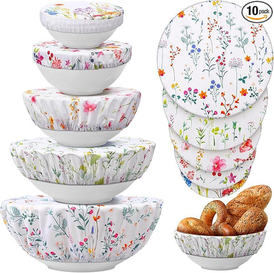 Patelai 10 Pcs Bowl Covers Reusable in 5 Size Stretch Cloth Fabric Elastic Food Storage Bowl Covers Bread Sourdough Lids for Proofing Food Fruits Leftover(Colorful,Spring Style) by Patelai