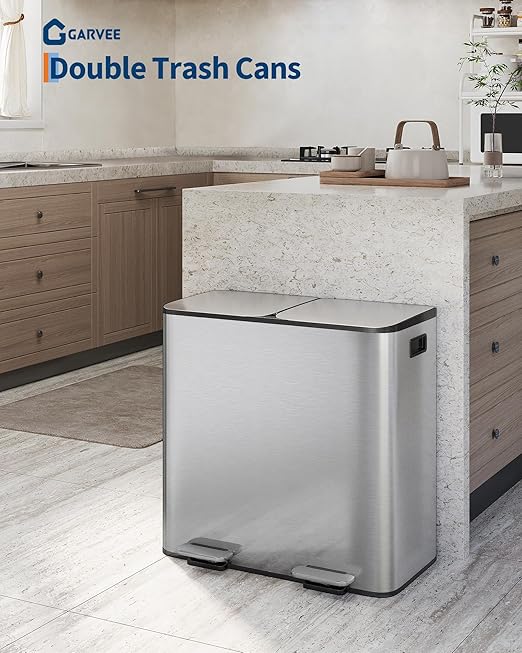 Garvee Double Trash Can, 2 x 10.6 gal (2 x 40 L) Garbage Can for Kitchen Dual Compartment Recycling Kitchen Step Trash Bin, Stainless Steel Trash and Recycle Bin Combo with Soft-Close Lid,Silver - Image 2