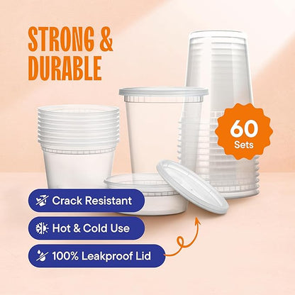 Stack Man [60-Sets] Plastic Deli Food Storage Containers with Airtight Lids Combo Set | 32 oz | 16 oz | 8 oz. | Disposable Plastic Takeout Containers for Soup - Freezer, Microwave and Dishwasher Safe