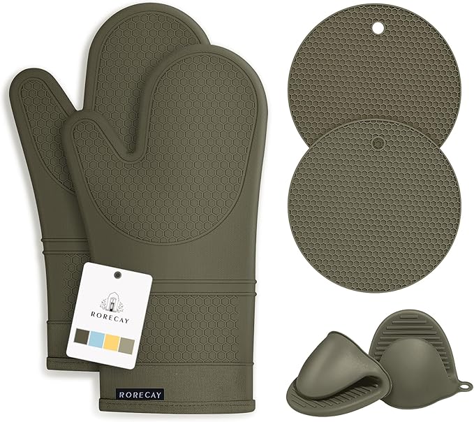 Rorecay 6pcs Oven Mitts and Pot Holders Sets for Kitchen, Extra Long Silicone Oven Gloves Heat Resistant 500 Degrees Non-Slip Potholders Hot Pads for Baking Cooking, Forest Night by Rorecay