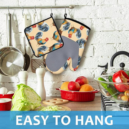 Watercolor Rooster Oven Mitts and Pot Holders Sets Heat Resistant 4Pcs Potholders Oven Gloves Hot Pads for Kitchen Baking Cooking Grilling BBQ