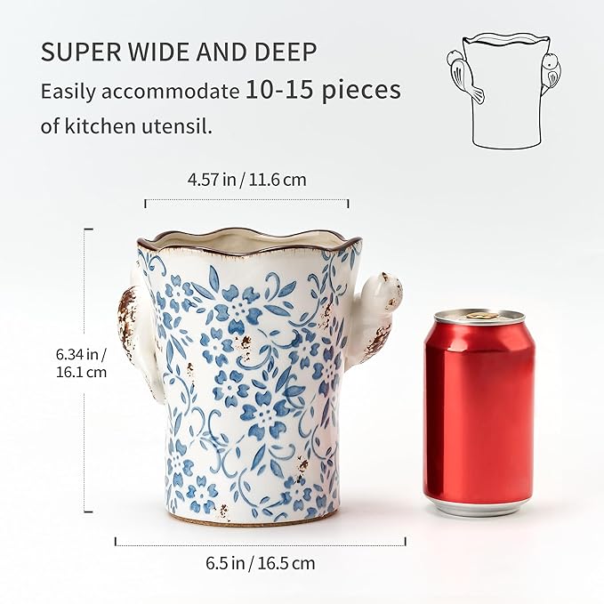 6.34"H Utensil Holder for Kitchen Counter, Modern Farmhouse Cooking Utensil Holder and Crock Home Kitchen Decor, Ceramic Utensil Organizer for Spatula, Ladle, Eggbeater, Rolling Pin- Blue and White - Image 2