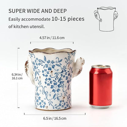 6.34"H Utensil Holder for Kitchen Counter, Modern Farmhouse Cooking Utensil Holder and Crock Home Kitchen Decor, Ceramic Utensil Organizer for Spatula, Ladle, Eggbeater, Rolling Pin- Blue and White - Image 2