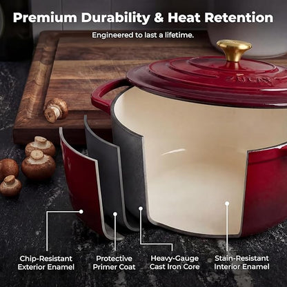 Zulay Kitchen 6 Quart Enameled Cast Iron Dutch Oven Pot with Lid – Premium Durability & Oven Safe up to 500°F – Heavy Duty Cookware Perfect for Bread Baking, Stews, Braising & Roasting – Garnet - Image 5