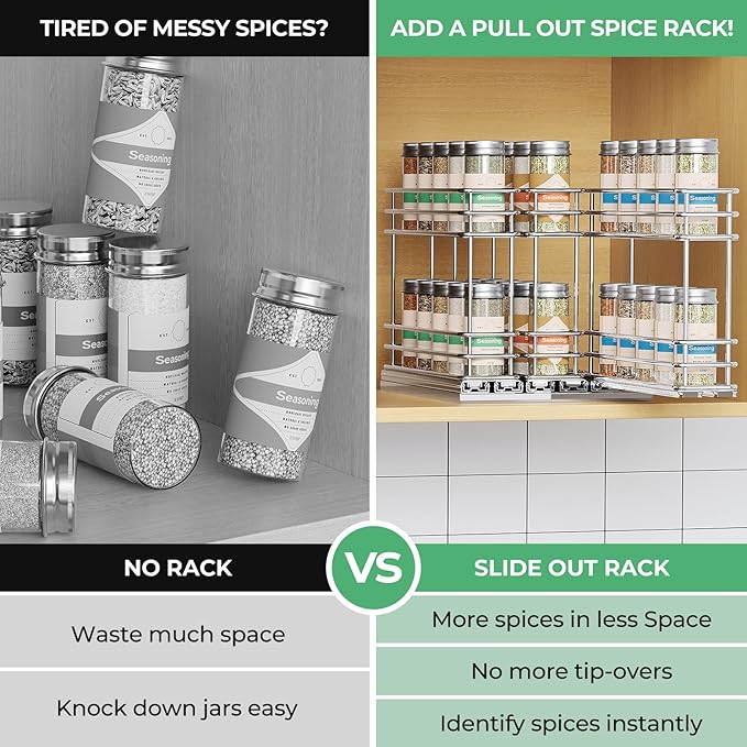 Mystozer Pull Out Spice Rack Organizer for Cabinet, Slide Out Spice Racks, Easy to Install Spice Cabinet Organizers, 7.4" Wx10.43 Dx8.26 H, 3 Drawers 2 Tiers(Silver) - Image 6