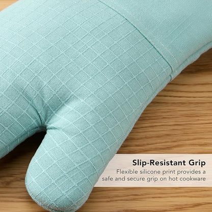 KITCHENAID Gourmet Series Gridlines Oven Mitts 2-Pack Set, Heat Resistant up to 600°F, Soft Silicone Grip, Magnetic Cuff, Mineral Water Aqua, 7"x14"