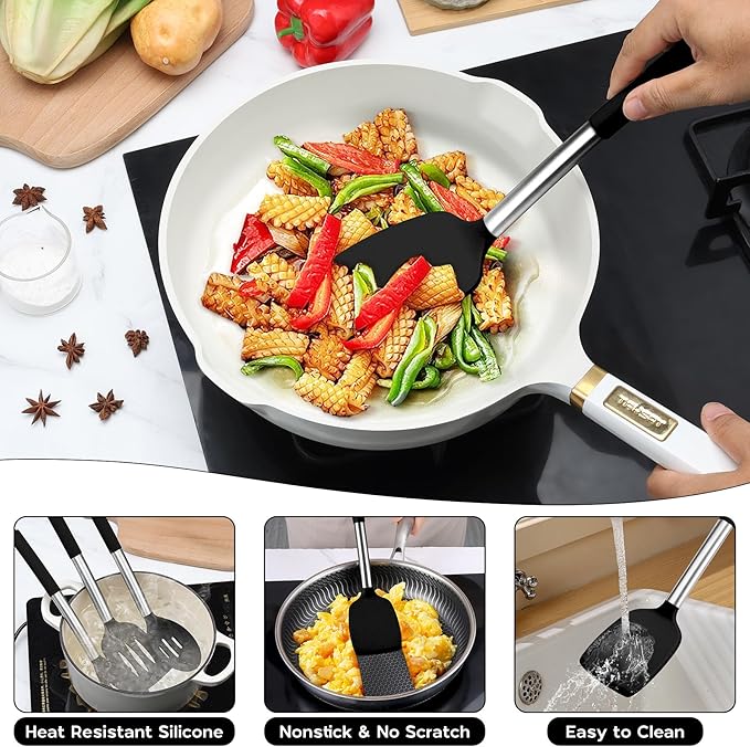 Onader Kitchen Utensils Set, 15 Pcs Silicone Cooking Utensils Set with Holder and Heat Resistant Stainless Steel Handle for Nonstick Cookware - Black - Image 5