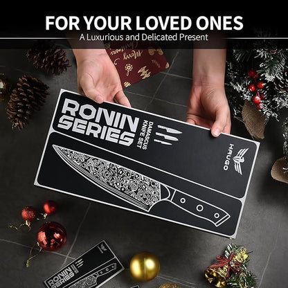 Damascus Knife Set - Haugo 3 PCS Professional Chef Knife Set with Japanese VG10 Steel Core - Ultra Sharp Kitchen Knives and Full Tang G10 Handle - Ronin Series - Gift Box