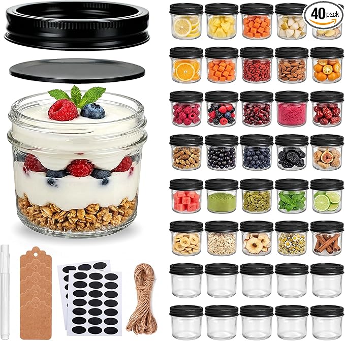 QAPPDA 4oz Glass Jars With Lids And Bands,Small Mason Jars,Mini Canning Jars With Black Lids For Honey,Jam,Jelly,Wedding Favor,Shower Favors,Spice Jars For Kitchen & Home,Set of 40 by QAPPDA