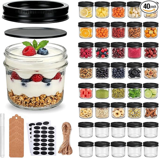 QAPPDA 4oz Glass Jars With Lids And Bands,Small Mason Jars,Mini Canning Jars With Black Lids For Honey,Jam,Jelly,Wedding Favor,Shower Favors,Spice Jars For Kitchen & Home,Set of 40 by QAPPDA