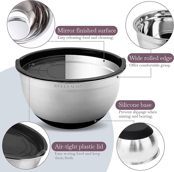 Bellemain Stainless Steel Non-Slip Mixing Bowls with Lids (5 Piece, Silver/Black) - Image 2