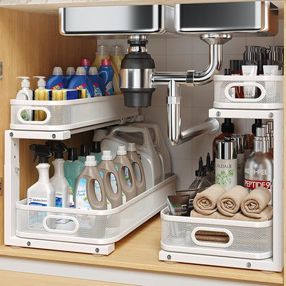 2 Pack 19.3IN-Depth Under Sink Organizer with Smooth Cylindrical Rail,2-Tier Pull Out Multi-Purpose Cabinet Storage for Bathroom&Kitchen,Height Adjustable,Rust-Resistant Coating-White