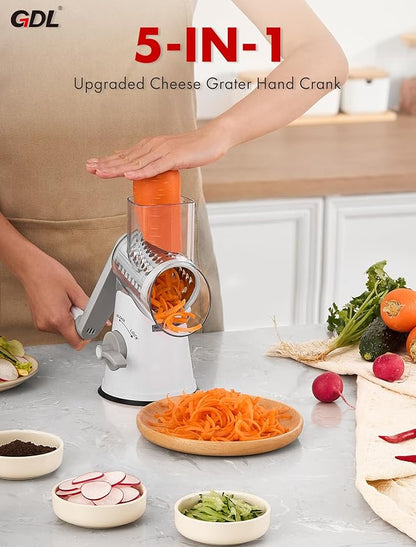 GDL Rotary Cheese Grater, Upgraded 5-in-1 Cheese Grater Hand Crank, Multi-purpose Cheese Shredder with Handle, Vegetable Slicer Cutter Ice Shaver for Potato, Carrot, Nuts, Chocolate - Image 8