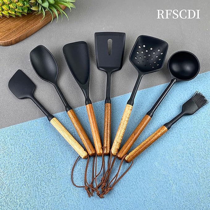Exquisite Silicone Cooking Utensils Set - Non-Toxic, Heat-Resistant Kitchen Utensils Set with Food-Grade Silicone & Wood Handles - Includes Spatula & Spoon for Non-Stick Cookware, Black - Image 8