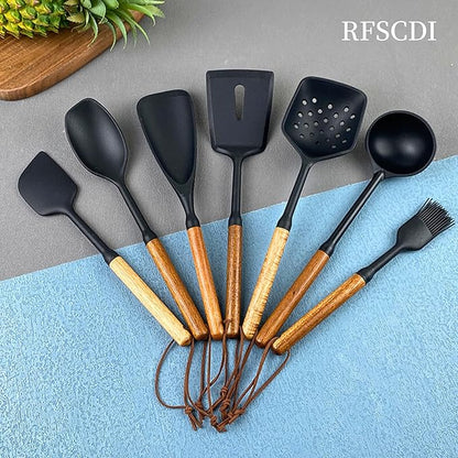 Exquisite Silicone Cooking Utensils Set - Non-Toxic, Heat-Resistant Kitchen Utensils Set with Food-Grade Silicone & Wood Handles - Includes Spatula & Spoon for Non-Stick Cookware, Black - Image 8