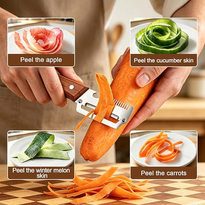 2 Pack 3-in-1 Multifunctional Vegetable Peeler with Wooden Handle - Potato Peeler with Julienne Slicer & Bottle Opener, Stainless Steel Blade, Right Handed Kitchen Tool