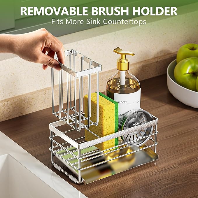 Cisily Sink Caddy Sponge Holder for Kitchen with Brush Holder and Stainless Steel Self Drain Tray, Rustproof Kitchen Sink Organizer for Sponge, Soap Dispenser Storage Accessories (Stainless Steel) - Image 6