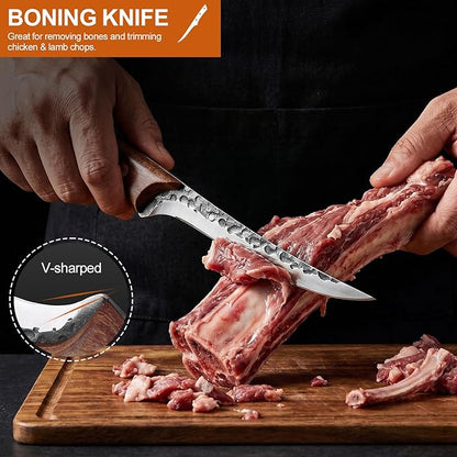 3PCS Hand Forged Butcher Knife Set Meat Cleavers, Serbian Chef Knife Viking Boning Knife High Carbon Steel Kitchen Knife for Meat Cutting, Outdoor BBQ Vegetable Camping, Gift for Men