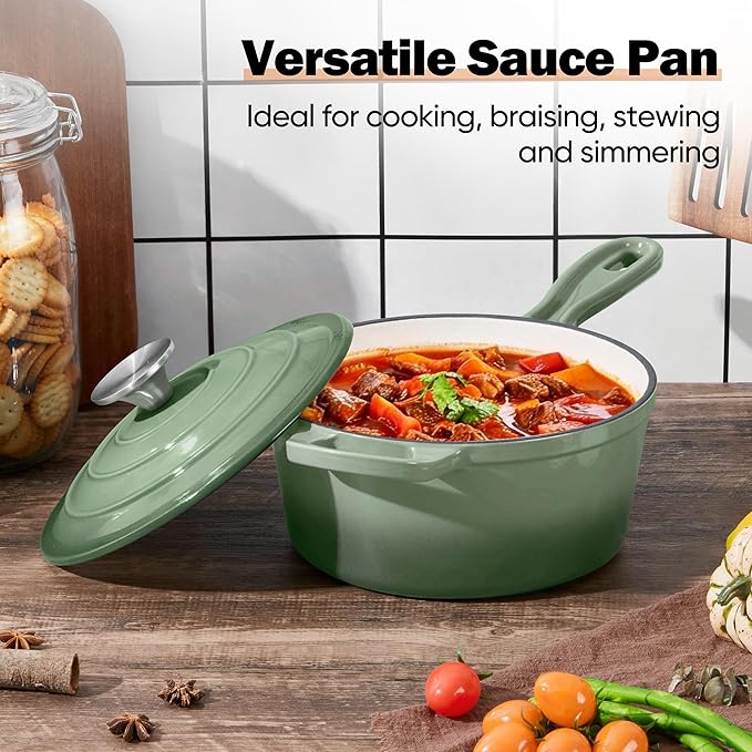 Homikit 3 Quart Saucepan with Lid, Enameled Cast Iron Sauce Pan Cooking Pot for Soup, Milk, Pasta, Nonstick Enamel Dutch Oven for All Cooktops, Heat Resistant Up to 500°F, Sage Green