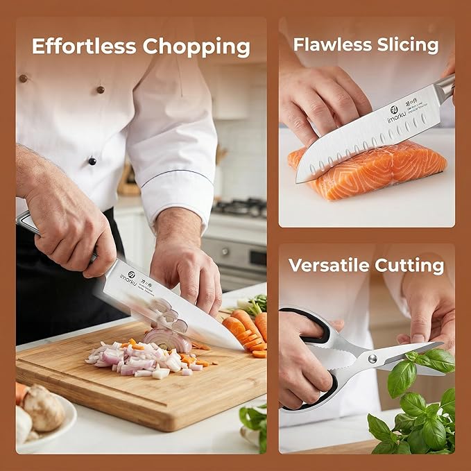 imarku High Carbon Stainless Steel Gyutou Knife Set with Block, Precision-Forged Razor Sharp 10–15° Edge, Ergonomic Non-Slip Handle, Built-in Sharpener, Brown, Best Gift Choice, Cooking Enthusiasts - Image 4