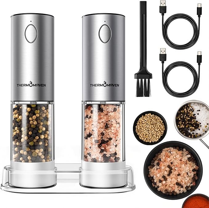 ThermoMaven 110ml Rechargeable Electric Salt and Pepper Grinder Set - 6 Adjustable Coarseness, Washable Parts, Built - in LED for Easy and Accurate Grinding, 2 Packs, Pearly White by ThermoMaven