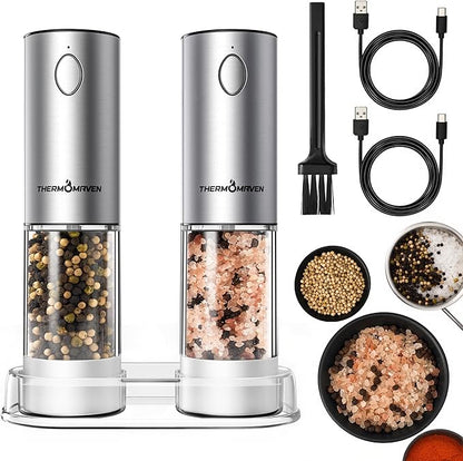 ThermoMaven 110ml Rechargeable Electric Salt and Pepper Grinder Set - 6 Adjustable Coarseness, Washable Parts, Built - in LED for Easy and Accurate Grinding, 2 Packs, Pearly White by ThermoMaven
