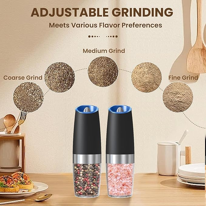 Gravity Electric Salt And Pepper Grinder Set, Automatic Salt And Pepper Grinder Set, Battery Powered (6 AAA Batteries Each), Adjustable Roughness, LED Light, 2 Pack, (Black) - Image 3