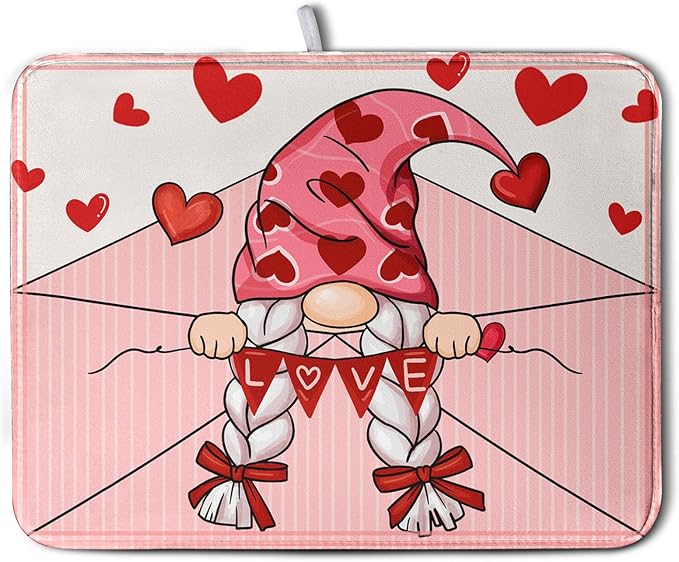 Valentine's Day Love Letter Dish Drying Mat for Kitchen Counter, Love Letter Gnome Absorbent Dish Pad Large Dish Drainer Mats for Countertop 18x24 Inch by Kwlegh