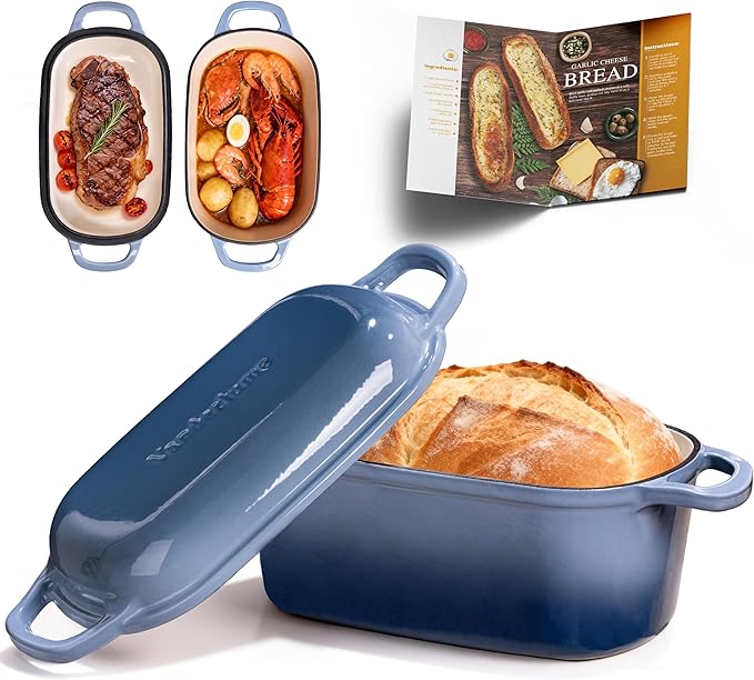 4.6-Quart Oval Dutch Oven for Bread Baking, 2 in 1 Enameled Cast Iron Bread Pan with Lid, Sourdough Bread Dutch Oven for a Crispy Crust, Seasalt