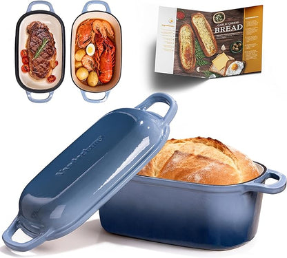 4.6-Quart Oval Dutch Oven for Bread Baking, 2 in 1 Enameled Cast Iron Bread Pan with Lid, Sourdough Bread Dutch Oven for a Crispy Crust, Seasalt