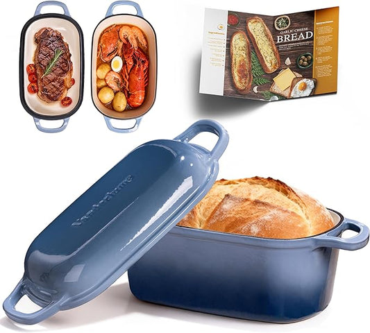 4.6-Quart Oval Dutch Oven for Bread Baking, 2 in 1 Enameled Cast Iron Bread Pan with Lid, Sourdough Bread Dutch Oven for a Crispy Crust, Seasalt