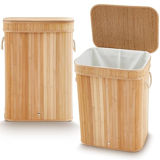 2 Pack 27 Gallon Bamboo Slim Trash Can with Lid Large Foldable Slim Rectangular Garbage Can Bamboo Waste Basket for Bathroom Bedroom Office Home Salon Spa (Wooden Color)