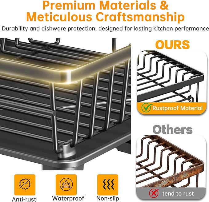 Dish Drying Rack, 2 Tier Dish Racks for Kitchen Counter, Compact Drying Rack Kitchen, Rust-Resistant Dish Drainer, Detachable Space-Saving Dish Rack with Drainboard, Utensil Holder, Black - Image 4