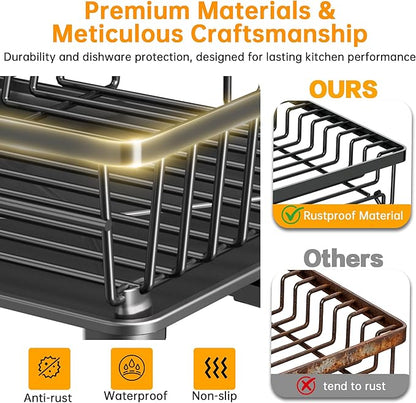 Dish Drying Rack, 2 Tier Dish Racks for Kitchen Counter, Compact Drying Rack Kitchen, Rust-Resistant Dish Drainer, Detachable Space-Saving Dish Rack with Drainboard, Utensil Holder, Black - Image 4