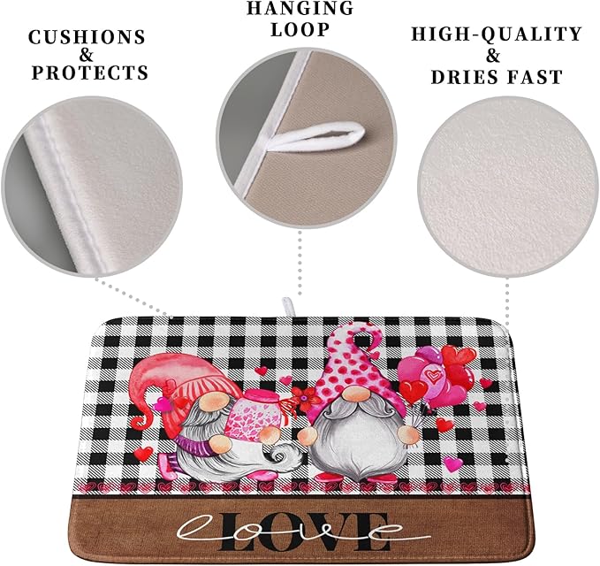 Valentine's Day Dish Drying Mats for Kitchen Counter, Gnome Love Kitchen Drying Mat, Buffalo Plaid Dish Drainer Mat Absorbent Quick Dry Dishes Pad 16 x 18 In - Farmhouse Decor Valentines Gift - Image 3