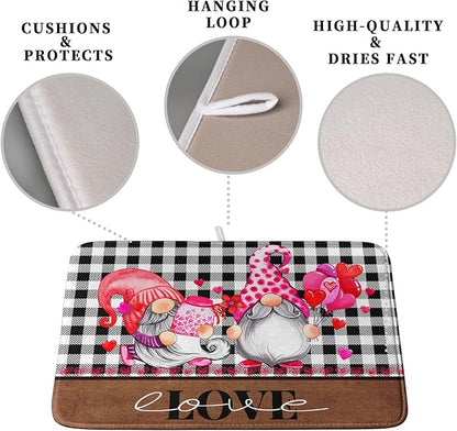 Valentine's Day Dish Drying Mats for Kitchen Counter, Gnome Love Kitchen Drying Mat, Buffalo Plaid Dish Drainer Mat Absorbent Quick Dry Dishes Pad 16 x 18 In - Farmhouse Decor Valentines Gift - Image 3