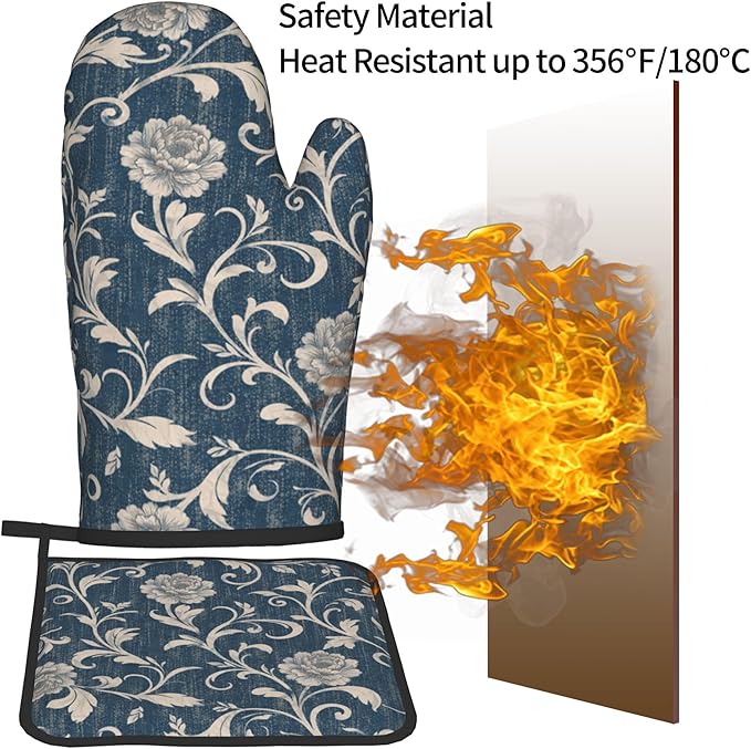 Navy Blue Oven Mitts and Pot Holders Vintage Floral Kitchen Accessories Set of 2 Teal Flowers Gloves Potholder for Chef Cooking Baking Grilling BBQ - Image 5