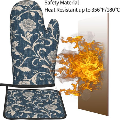 Navy Blue Oven Mitts and Pot Holders Vintage Floral Kitchen Accessories Set of 2 Teal Flowers Gloves Potholder for Chef Cooking Baking Grilling BBQ - Image 5