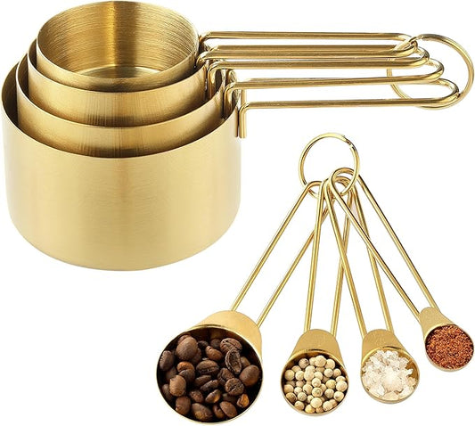 Measuring Cups and Spoons Set, Kaloo 8PCS Stainess Steel Metal Measuring Cups, Gold Finish, Ideal for Cooking and Baking by KL+KALOO