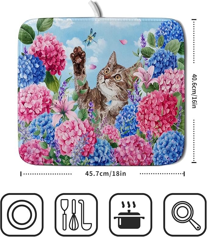 Hydrangea Floral Dish Drying Mat Cute Cat Microfiber Absorbent Dish Drying Pad for Kitchen Counter 16 X 18 - Image 2