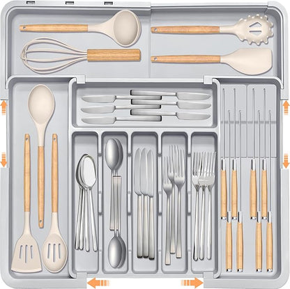 Silverware Drawer Organizer for Kitchen, Adjustable Utensil Drawer Organizer with 2 Knife Block, BPA Free Flatware and Cutlery Holder, Expandable Plastic Storage for Spoons Forks Knives(Grey) by HOMECOR