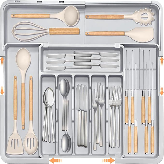 Silverware Drawer Organizer for Kitchen, Adjustable Utensil Drawer Organizer with 2 Knife Block, BPA Free Flatware and Cutlery Holder, Expandable Plastic Storage for Spoons Forks Knives(Grey) by HOMECOR