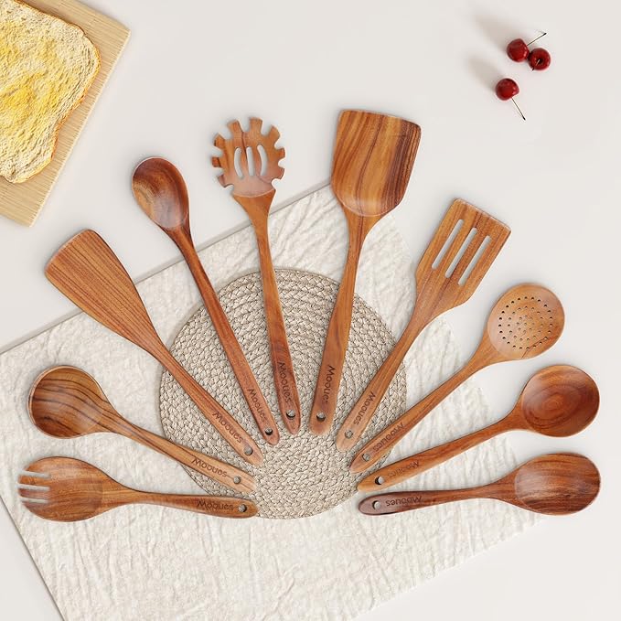 Mooues Wooden Spoons for Cooking, Wooden Utensils for Cooking Natural Teak Wooden Kitchen Utensils Set Comfort Grip(10 PCS SET GIFT BOX) - Image 7