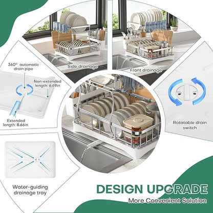 2 Tier Dish Drying Rack,Stainless Steel Dish Rack For Storing Knife Fork Pots&Pans,Dish Drying Rack With Drain Tray For Kitchen Countertops/Sinks,Silver Tiered Dish Rack With Retractable Drain Outlet