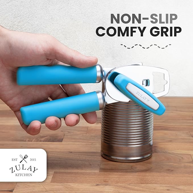 Zulay Kitchen Heavy Duty Stainless Steel Can Opener Manual with Bottle Opener - Rust Proof Manual Can Opener With Turn Knob & Comfy Soft Grip Handles - Aqua - Image 5
