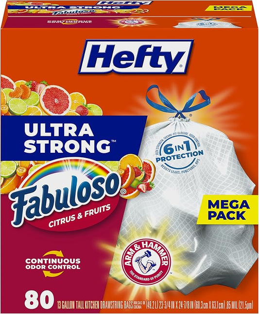 Hefty Ultra Strong 13 Gallon Trash Bags, Tall Kitchen Trash Bags 13 Gallon Size, White, Fabuloso Citrus & Fruits Scent, 80 Bags
