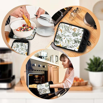 Sage Green Leaf Floral Pot Holders with Pockets, Cottagecore Botanical Flower Oven Pot Holders Heat Resistant Oven Mitts Hot Pads for Kitchen Baking Cooking