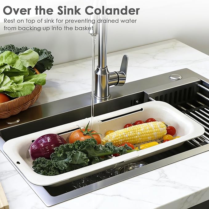 Over the Sink Colander Strainer Basket, Extendable Colander and Strainer for Kitchen, Wash Vegetables and Fruits, Drain Pasta and Dry Dishes, Adjustable Colander from 13.5In to 18.7In, White